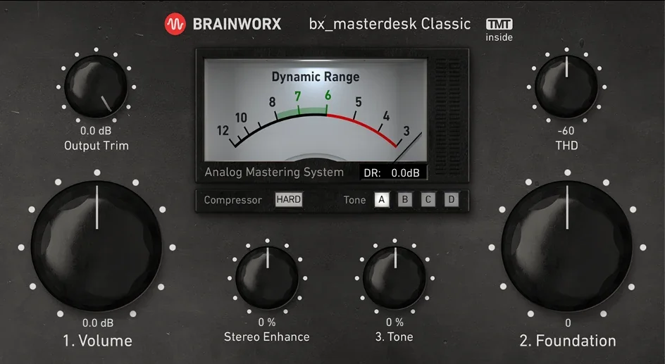 Plugin Alliance bx_masterdesk Classic free mastering plugin with Volume, Foundation and Tone knobs and a dynamic range meter