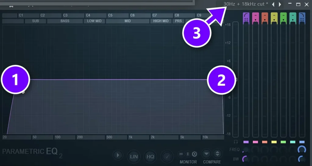 FL Studio Fruity Parametric EQ 2 with the 30 Hz low cut, the high cut and the preset name numbered 1 to 3