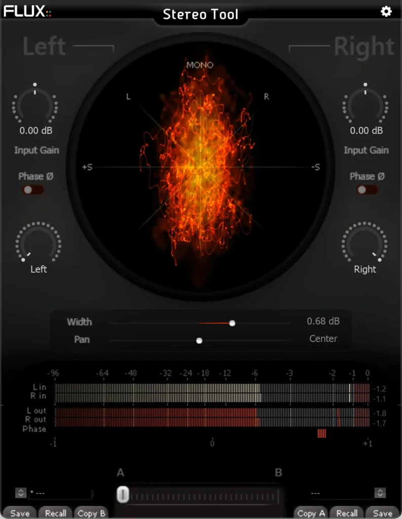 FLUX Stereo Tool free plugin with its vectorscope, input and output meters and phase correlation meter