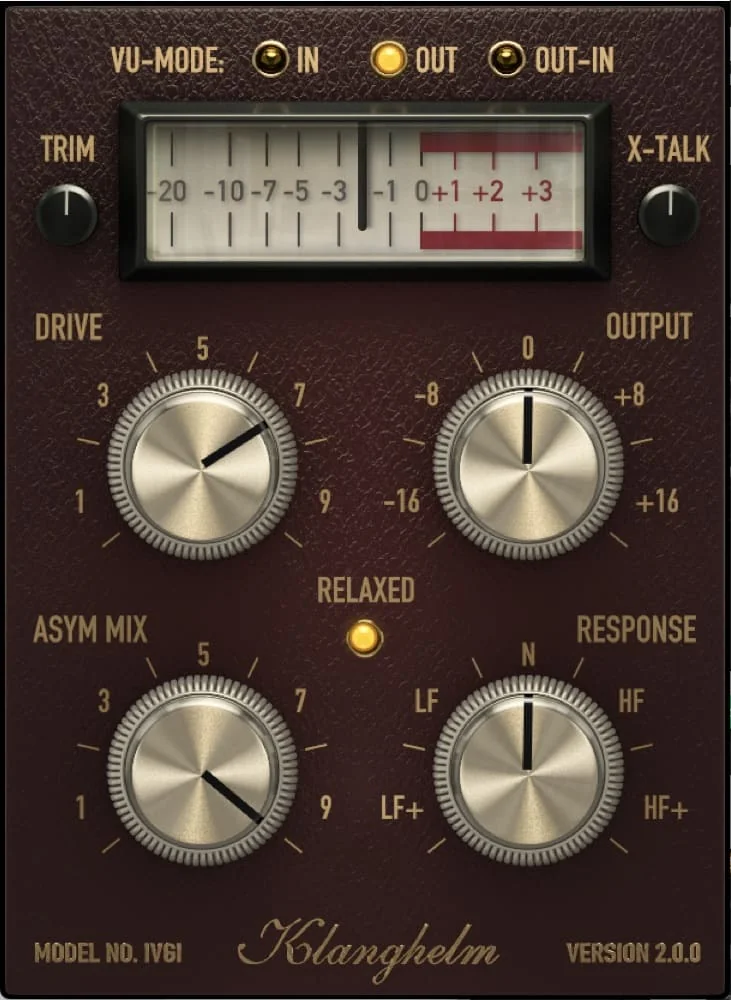 Klanghelm IVGI free saturation plugin with Drive, Output, Asym Mix and Response knobs