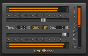 LoudMax free limiter with its threshold and output sliders and the ISP switch