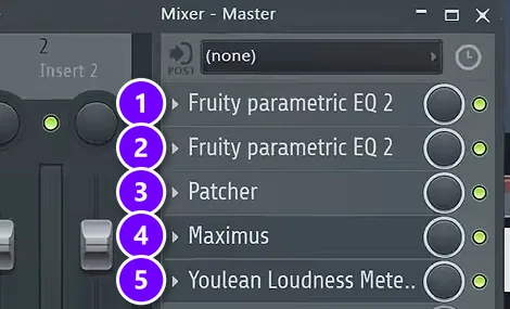 FL Studio Mixer master track with two Fruity Parametric EQ 2s, Patcher, Maximus and Youlean Loudness Meter numbered 1 to 5