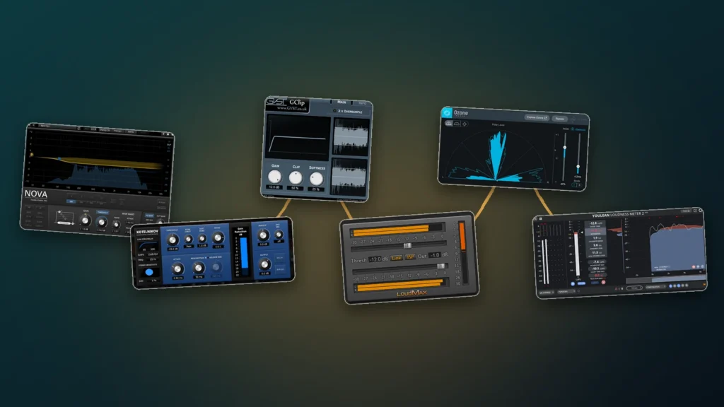 Collage of real free mastering plugins lined up like a signal chain: TDR Nova, TDR Kotelnikov, GClip, LoudMax, iZotope Ozone Imager and Youlean Loudness Meter 2 (product shots by their makers)