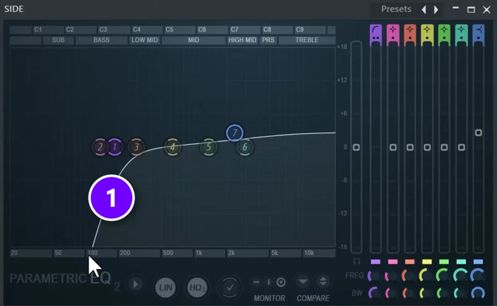 FL Studio Fruity Parametric EQ 2 used as a side EQ in Patcher with its low cut numbered 1