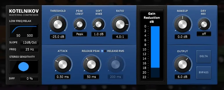 TDR Kotelnikov free mastering compressor with threshold, ratio, attack, release and Delta controls
