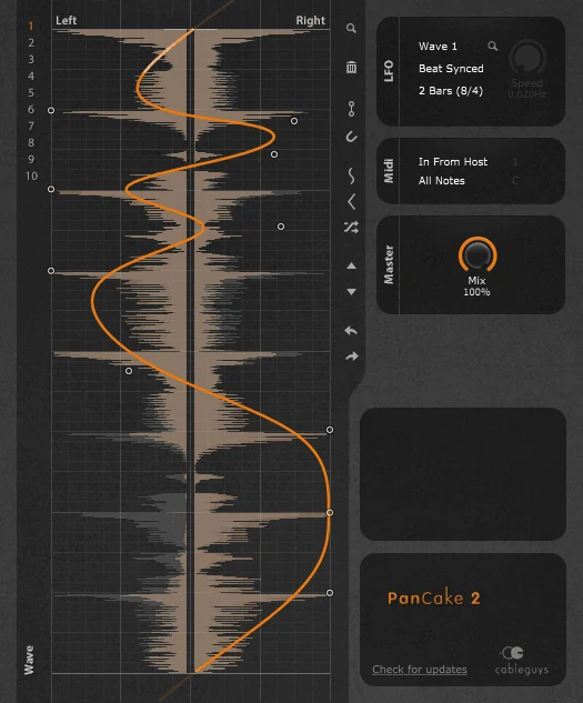 Cableguys PanCake 2 free auto-panner with an orange panning curve drawn over the audio, plus LFO, MIDI and Mix controls