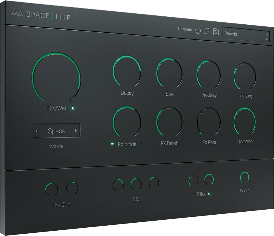 Cymatics Space Lite free reverb plugin with Dry/Wet, Decay, Size, Predelay, Damping and FX knobs