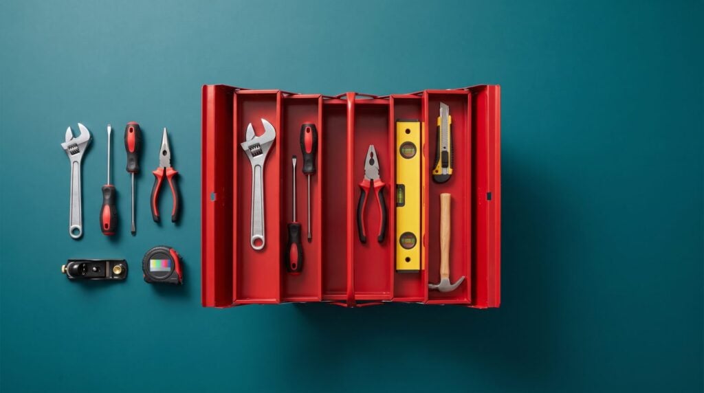 An open red toolbox with neatly laid-out tools on a teal surface, like the mixing plugins FL Studio already gives you
