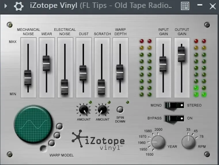 iZotope Vinyl free lo-fi plugin with dust, scratch, wear and warp faders and year and RPM knobs