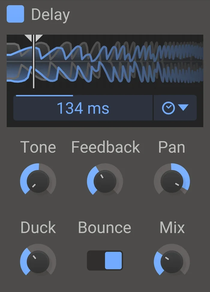 Kilohearts Delay free plugin with delay time, Tone, Feedback, Pan, Duck and Mix controls