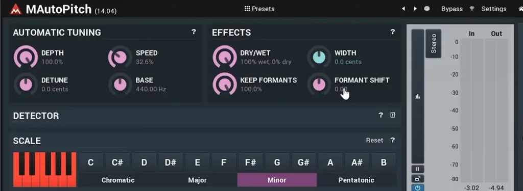 MAutoPitch by MeldaProduction with Depth, Speed, Detune, Keep Formants, Formant Shift and Width knobs