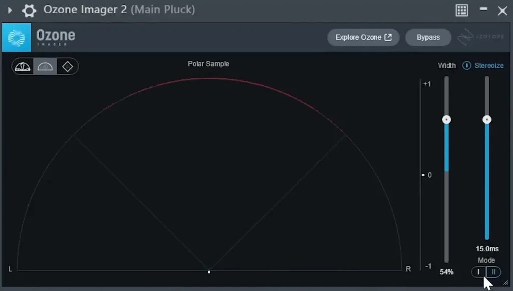 iZotope Ozone Imager 2 with Stereoize at 15 ms, Mode I and II and the Width slider