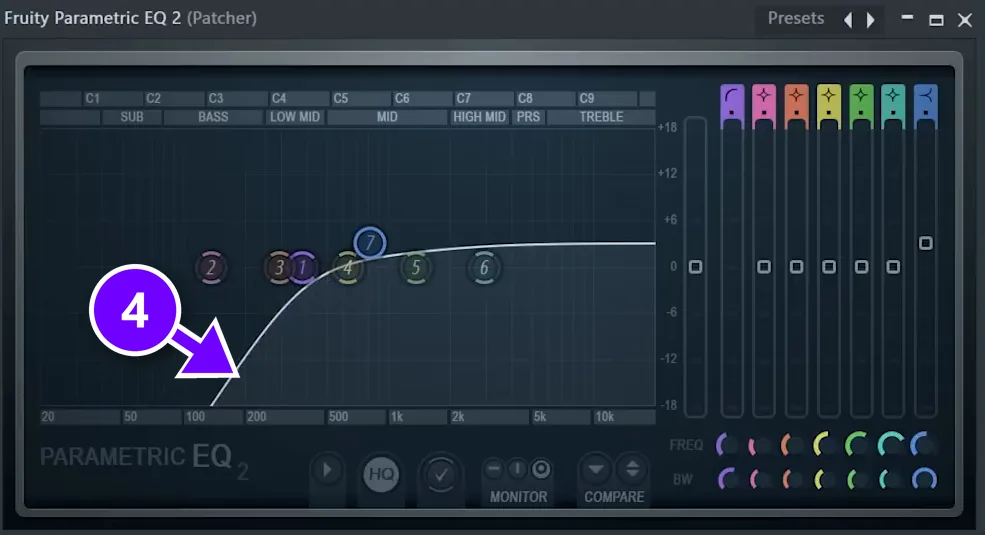Fruity Parametric EQ 2 inside Patcher with the low cut on the side channel numbered 4
