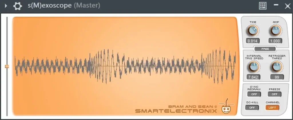 s(M)exoscope free oscilloscope plugin showing a waveform with time, amp and trigger controls
