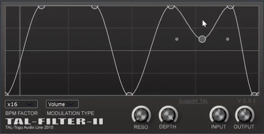 TAL-Filter-2 free plugin set to Volume modulation with a drawn curve and BPM Factor x16
