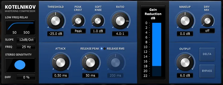 TDR Kotelnikov free mastering compressor with threshold, ratio, attack, release and gain reduction meter