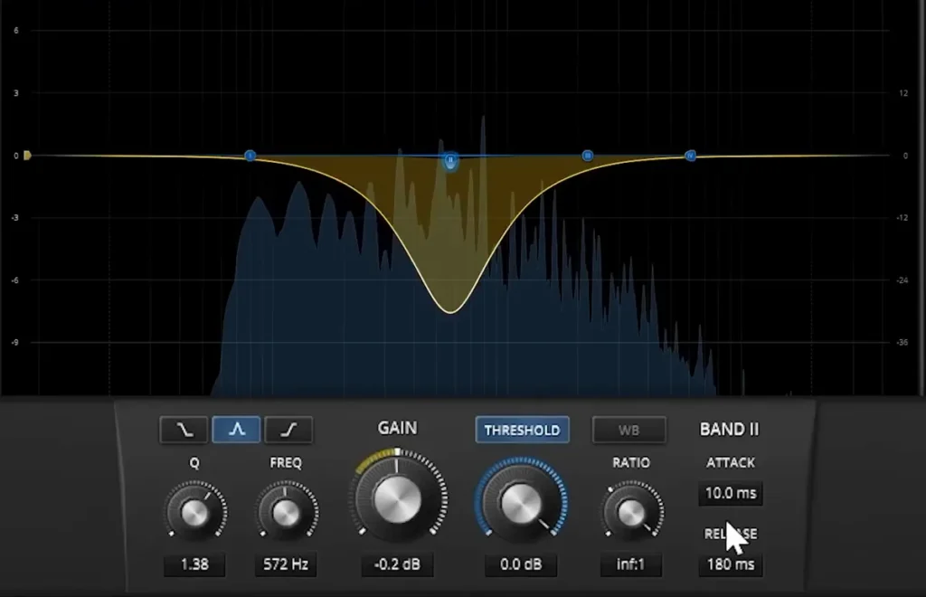 TDR Nova by Tokyo Dawn Labs with one dynamic band cutting a resonant frequency and its Threshold and Ratio controls