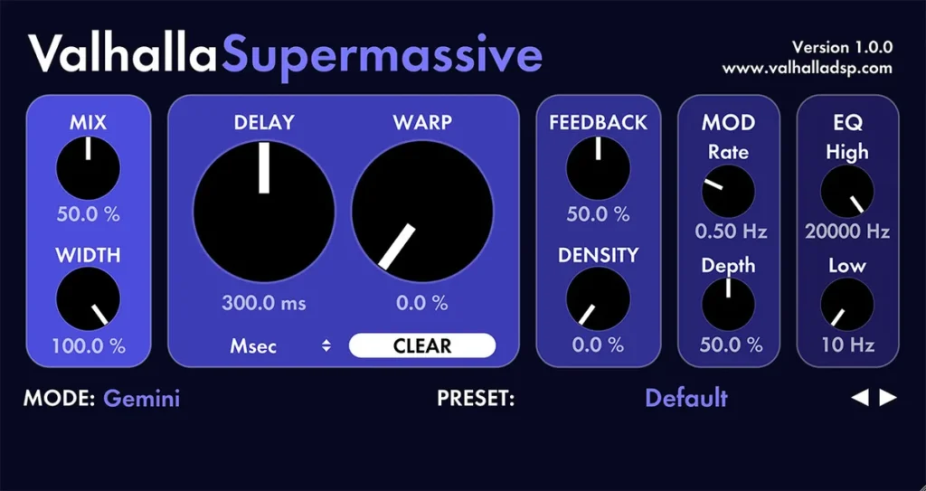 Valhalla Supermassive reverb and delay with its Mix, Delay, Warp, Feedback and Density controls
