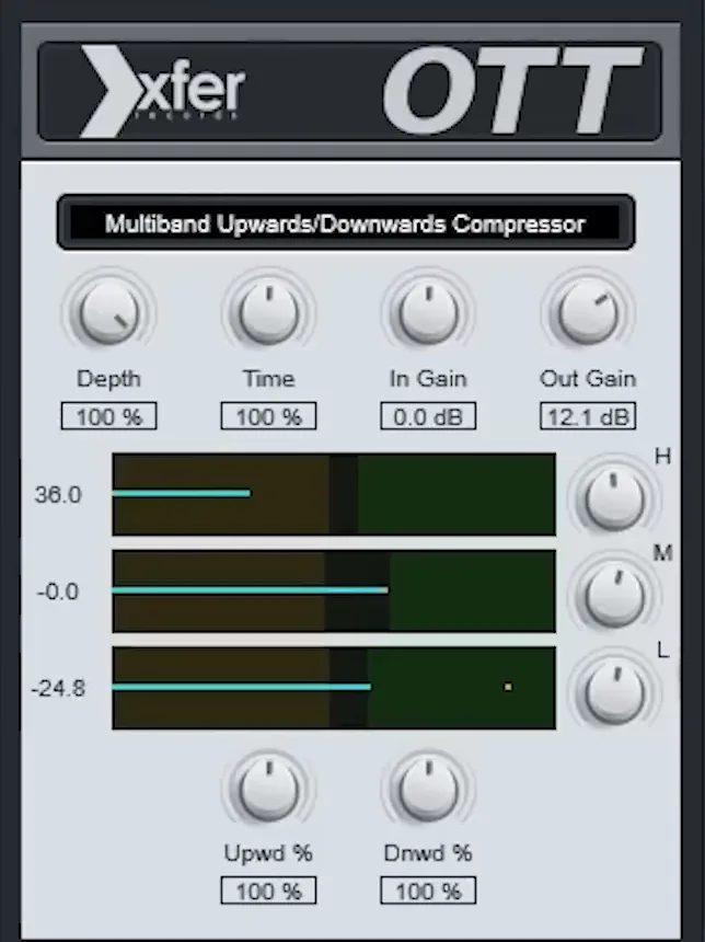 Xfer OTT multiband compressor with its Depth, Time, In Gain and Out Gain knobs and three band meters