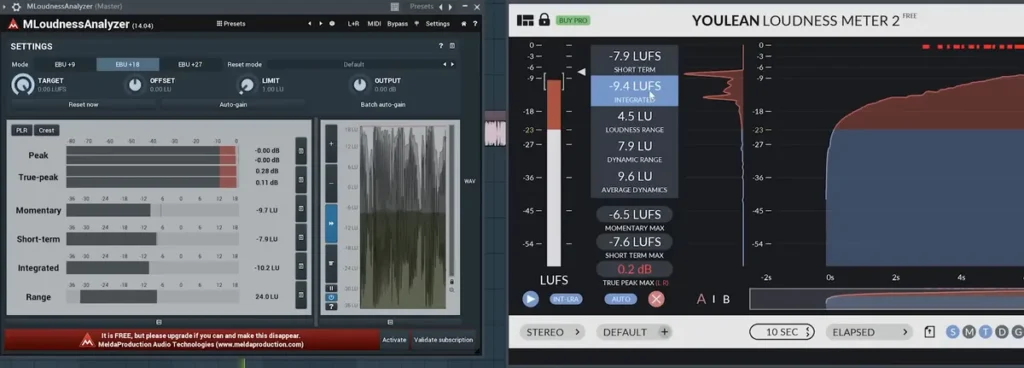 Youlean Loudness Meter 2 and MLoudnessAnalyzer on the FL Studio master showing short-term and integrated LUFS
