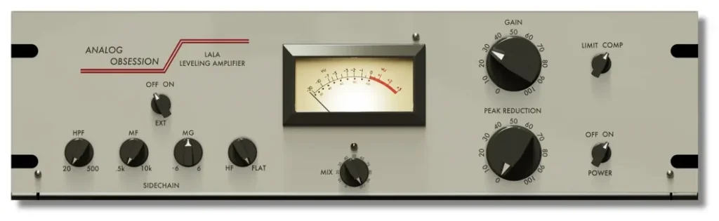 LALA leveling amplifier by Analog Obsession with its Gain and Peak Reduction knobs, VU meter and Limit/Comp switch