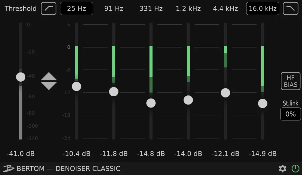 Bertom Audio Denoiser Classic with its Threshold sliders across six frequency bands and the HF Bias button