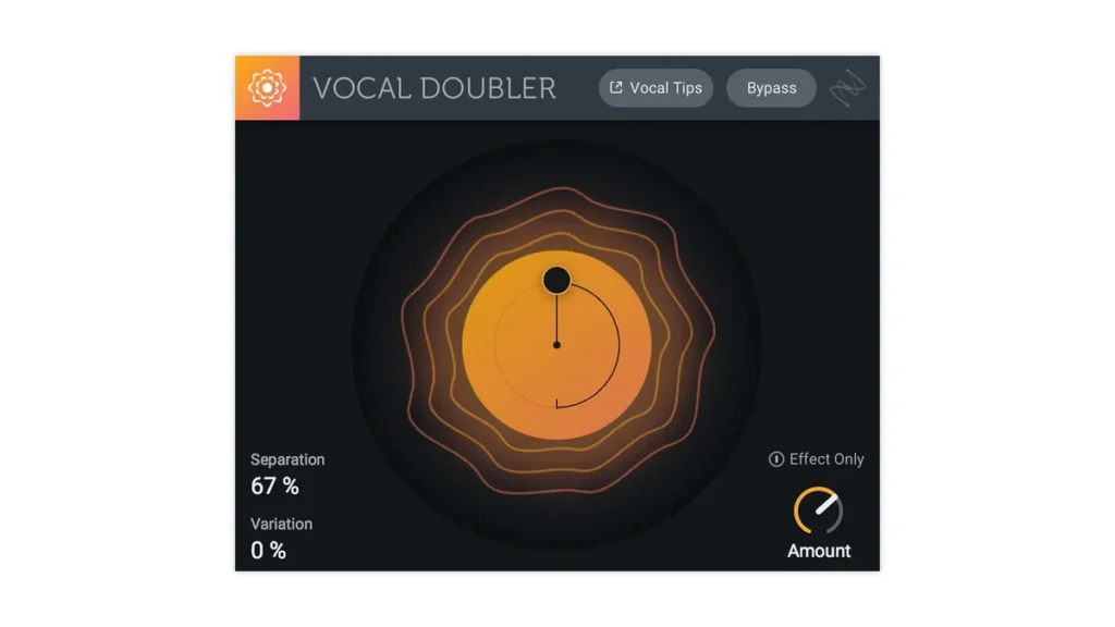 iZotope Vocal Doubler with its round drag-to-adjust display, Separation and Variation readouts and Amount knob