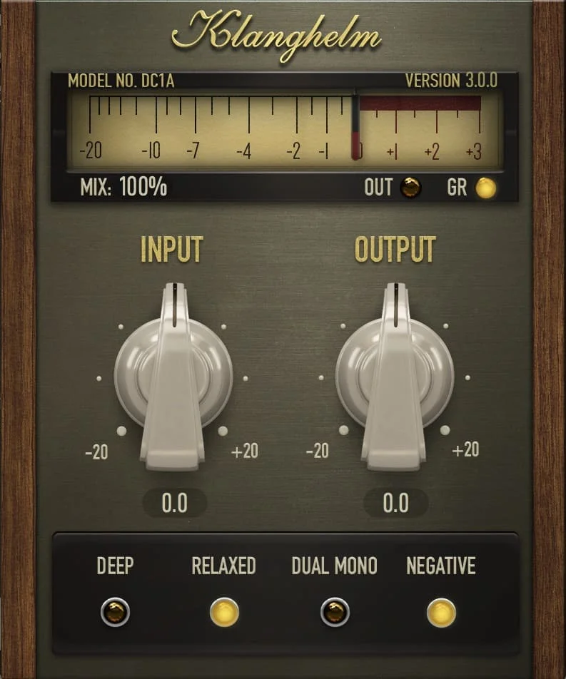 Klanghelm DC1A3 compressor with its Input and Output knobs, VU meter and Deep, Relaxed, Dual Mono and Negative switches