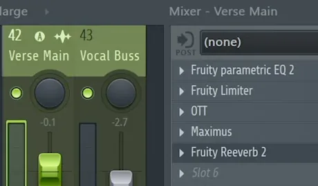 FL Studio mixer with the Verse Main vocal track and its inserts Fruity parametric EQ 2, Fruity Limiter, OTT, Maximus and Fruity Reeverb 2