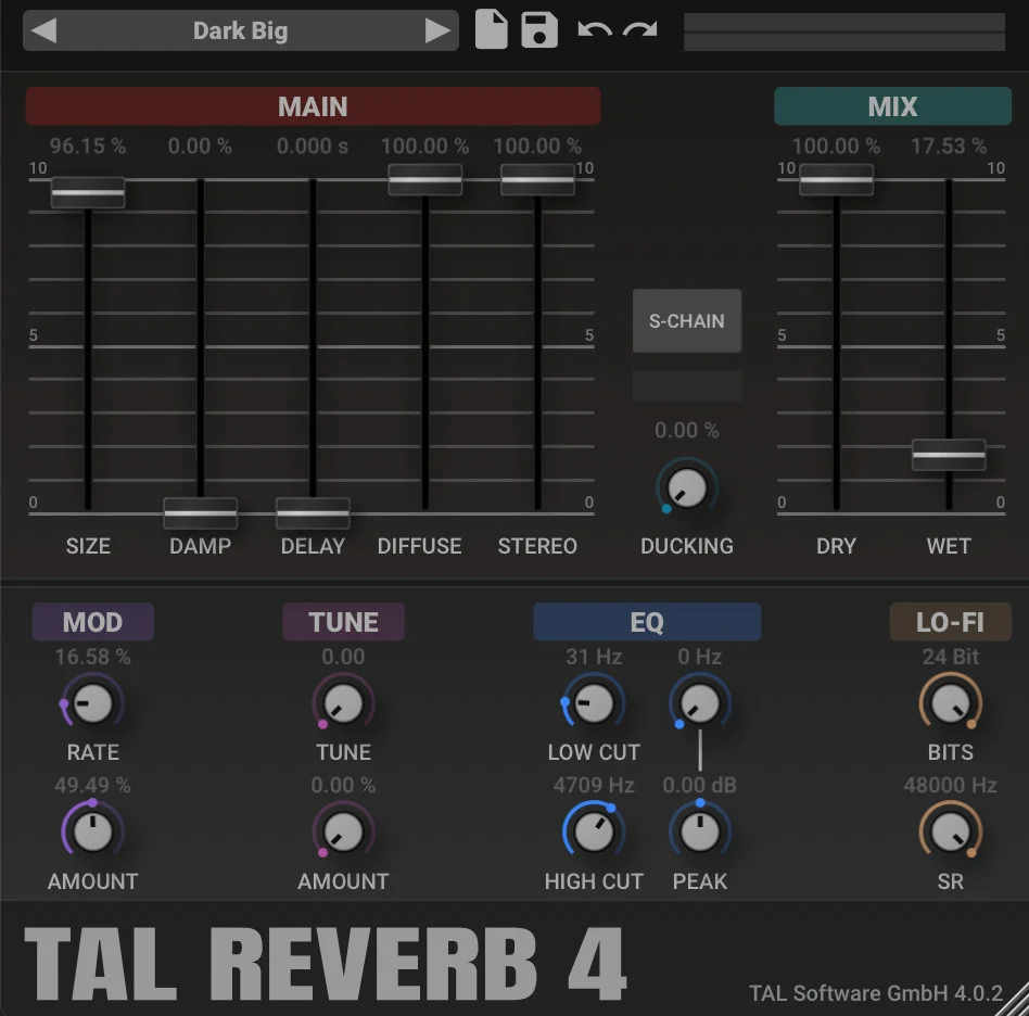 TAL-Reverb-4 plate reverb with its Size, Damp, Delay, Diffuse and Stereo sliders and Mod, EQ and Lo-Fi sections