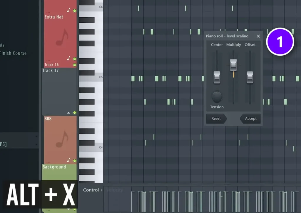 FL Studio Piano roll with the Scale levels tool (1) opened by Alt+X