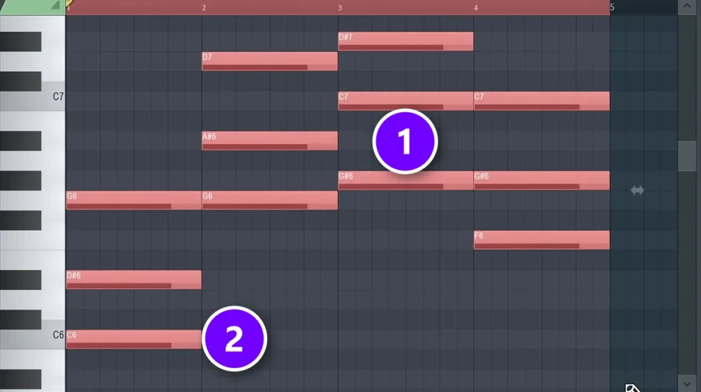 FL Studio Piano roll with selected chords (1) and the lowest note on C6 (2) before Ctrl+Down moves them an octave