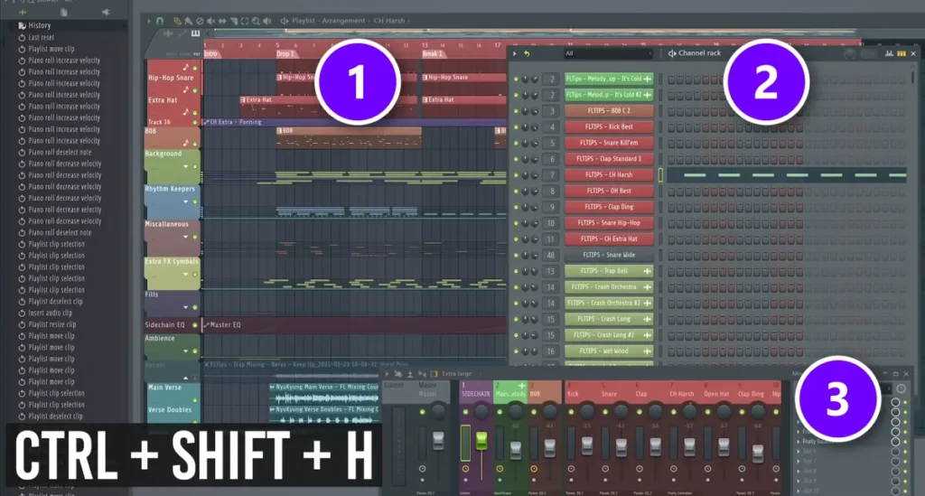 FL Studio windows arranged with Ctrl+Shift+H: the Playlist (1), the Channel rack (2) and the Mixer (3)