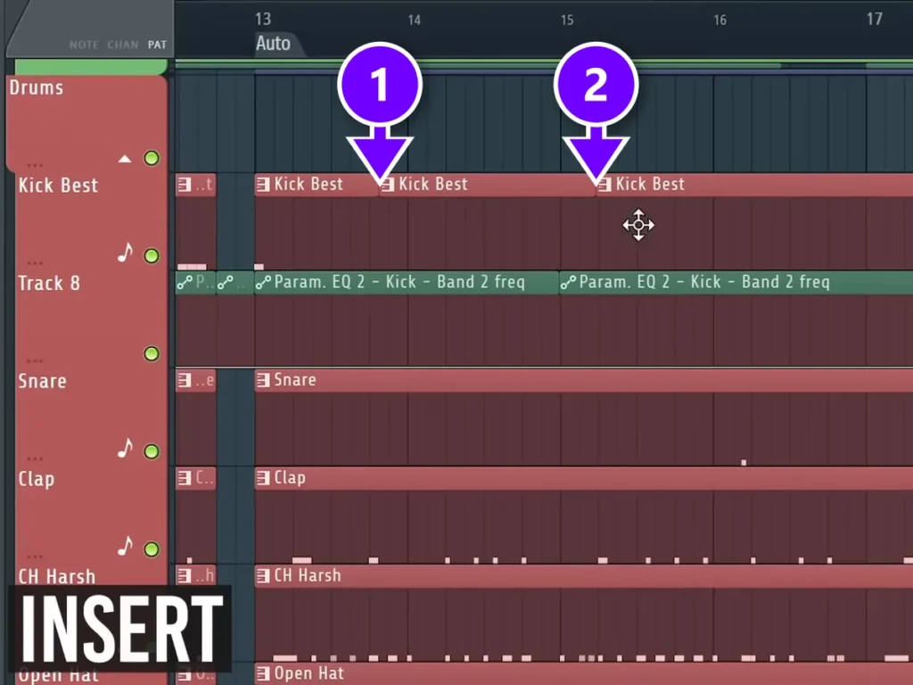 FL Studio Playlist with the Kick Best clip sliced at two points (1, 2) by pressing Insert