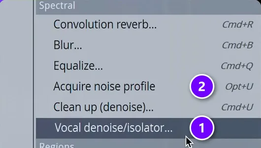 FL Studio Edison Tools menu, Spectral section, with Vocal denoise/isolator numbered 1 and Acquire noise profile numbered 2