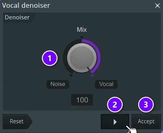 FL Studio Edison Vocal denoiser with the Mix knob turned to Vocal at 100 (1), the preview button (2) and Accept (3) numbered