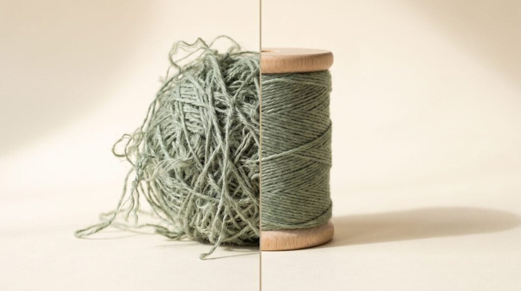 A tangled ball of green yarn beside the same yarn wound neatly on a wooden spool, like a raw vocal next to a processed one