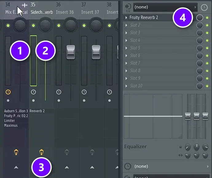 FL Studio Mixer with the vocal track (1), the reverb send track (2), its routing arrow (3) and Fruity Reeverb 2 in its first slot (4) numbered