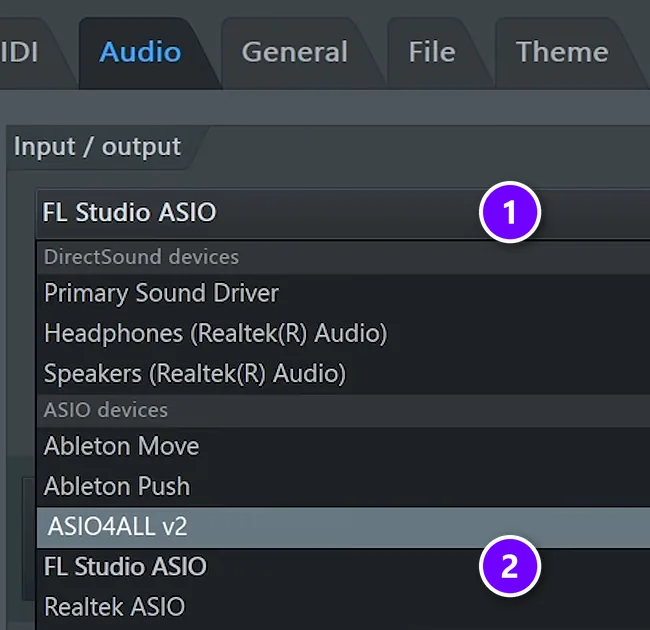 FL Studio Audio settings with the device menu (1) open and the ASIO devices list (2) numbered
