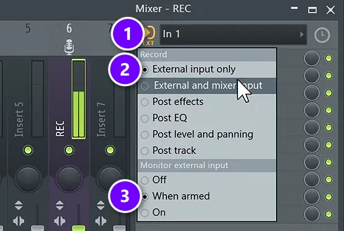FL Studio Mixer input menu with the input (1), External input only (2) and Monitor external input set to When armed (3) numbered