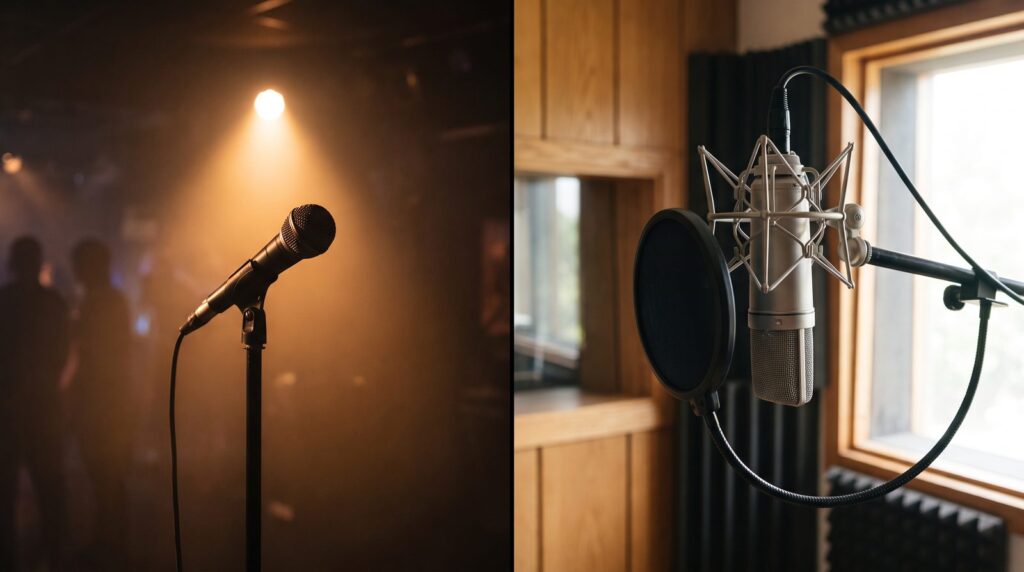 Split photo: a dynamic mic on a stand under a warm stage spotlight on the left, and a condenser mic with a pop filter by a bright window in a home studio on the right