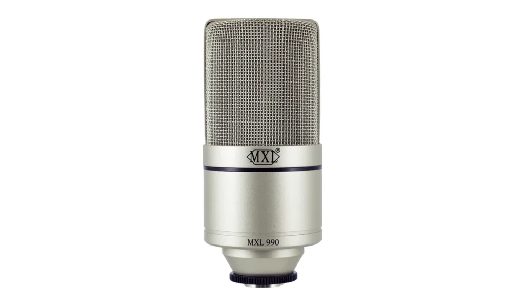MXL 990 condenser microphone with its champagne-colored body, front view