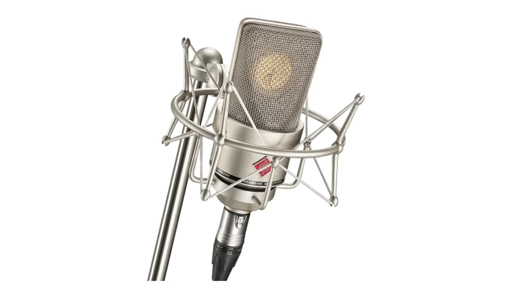 Neumann TLM 103 studio condenser microphone in a shock mount on a stand