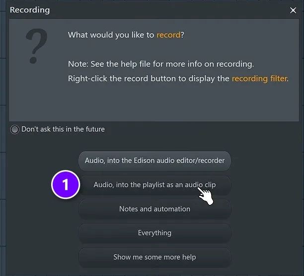 FL Studio Recording window with Audio, into the playlist as an audio clip numbered 1