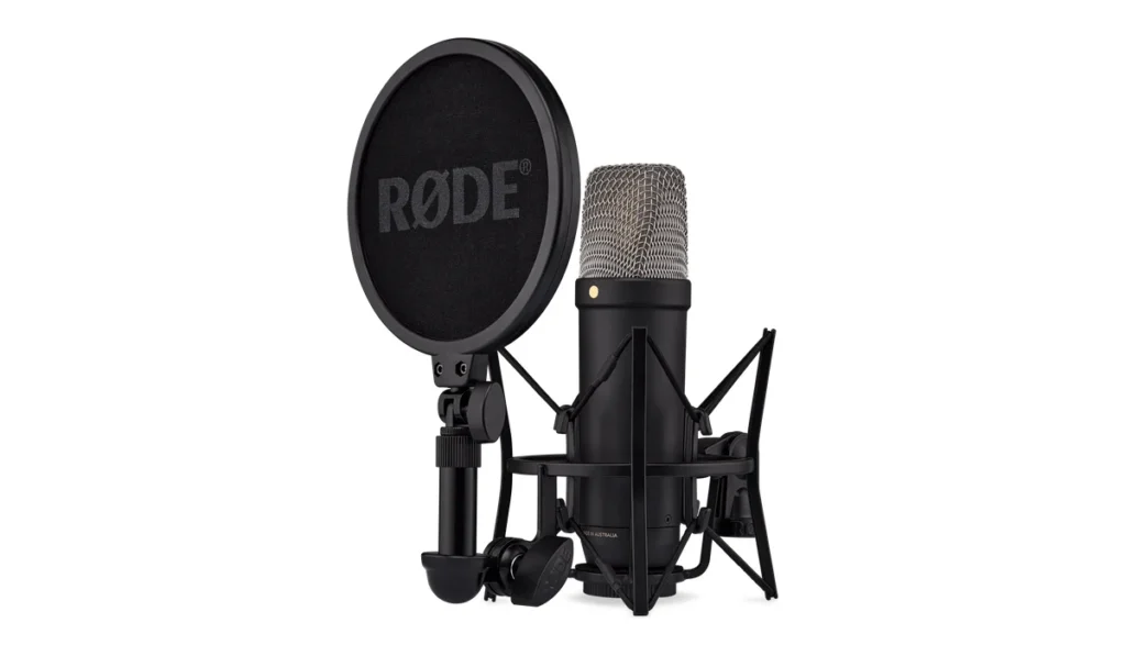 RØDE NT1 5th Generation condenser microphone in its shock mount with the pop filter attached