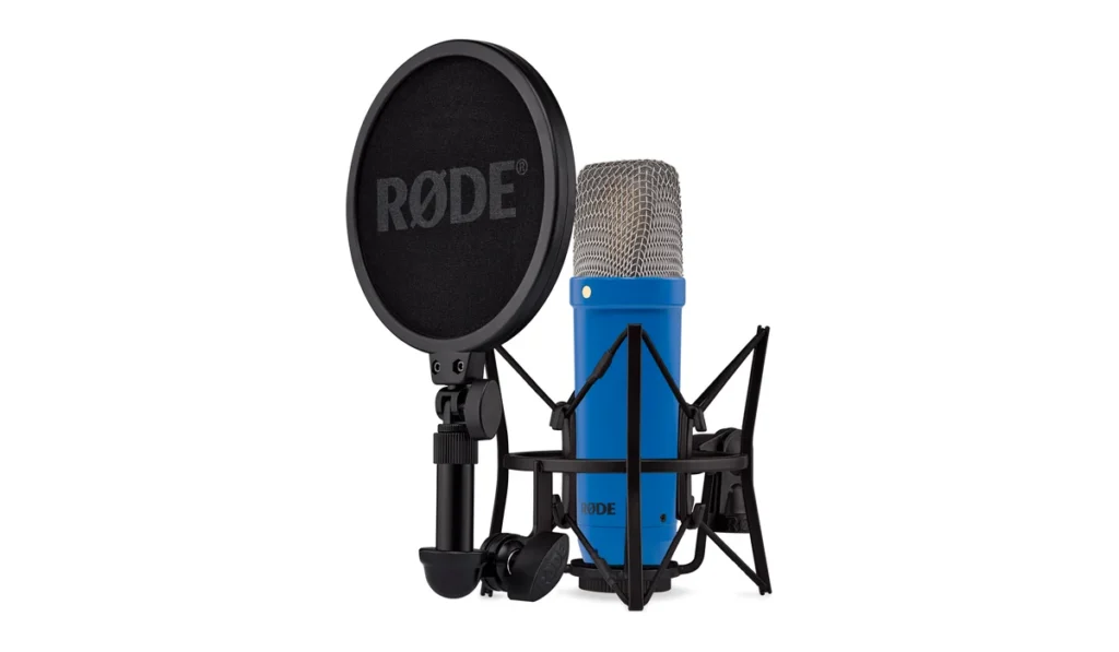 RØDE NT1 Signature Series condenser microphone in blue, in its shock mount with the pop filter