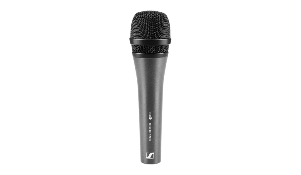 Sennheiser e 835 dynamic vocal microphone with a dark grey metal body