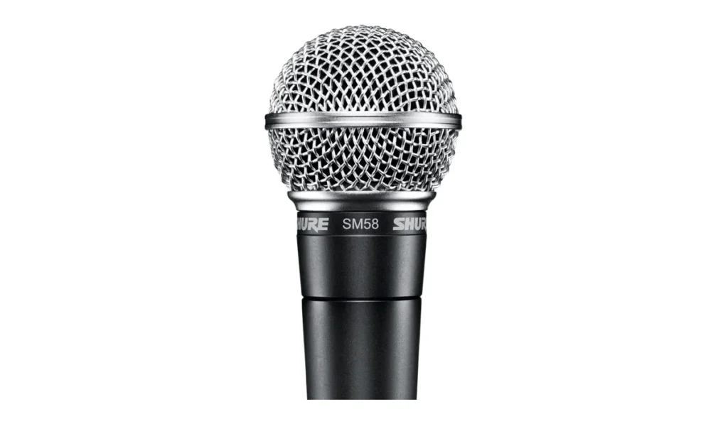 Shure SM58 dynamic vocal microphone with its silver ball grille