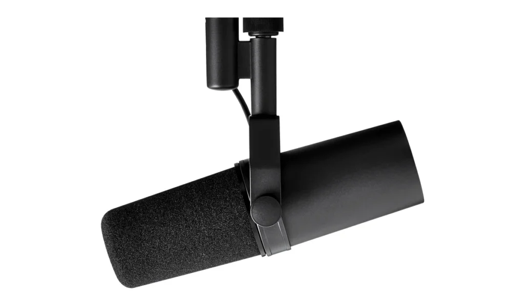 Shure SM7B dynamic vocal microphone hanging from its yoke mount