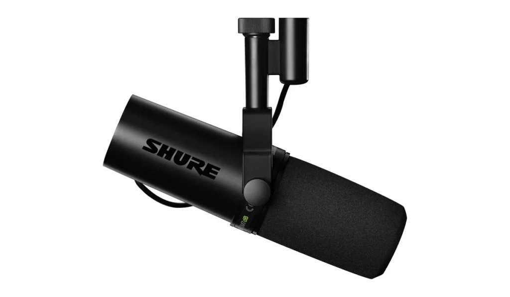 Shure SM7dB dynamic vocal microphone with built-in preamp, hanging from its yoke mount